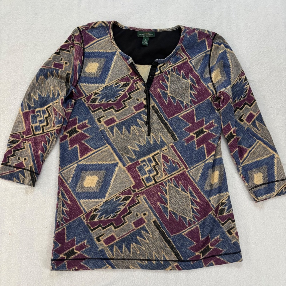 LRL Lauren Ralph Lauren Southwestern Geometric Henley Top Blue Purple Cotton L
